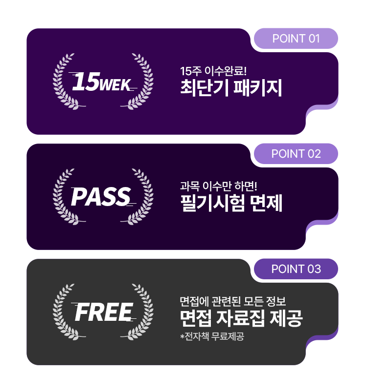 15주 이수완료 최단기 패키지 과목 이수만 하면 필기시험 면제 면접에 관련된 모든 정보 면접 자료집 제공 전자책 무료제공